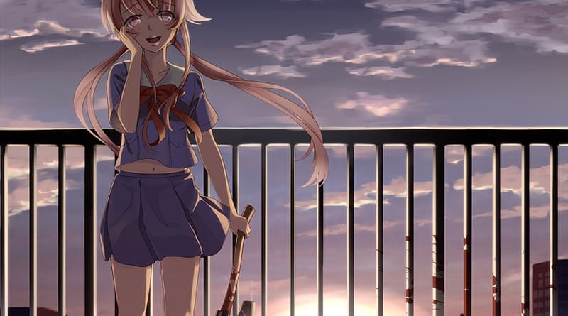 Mirai nikki, anime, girl, kawaii, cute, yuno gasai, pink hair, future diary,  psycopathe, smile, heart