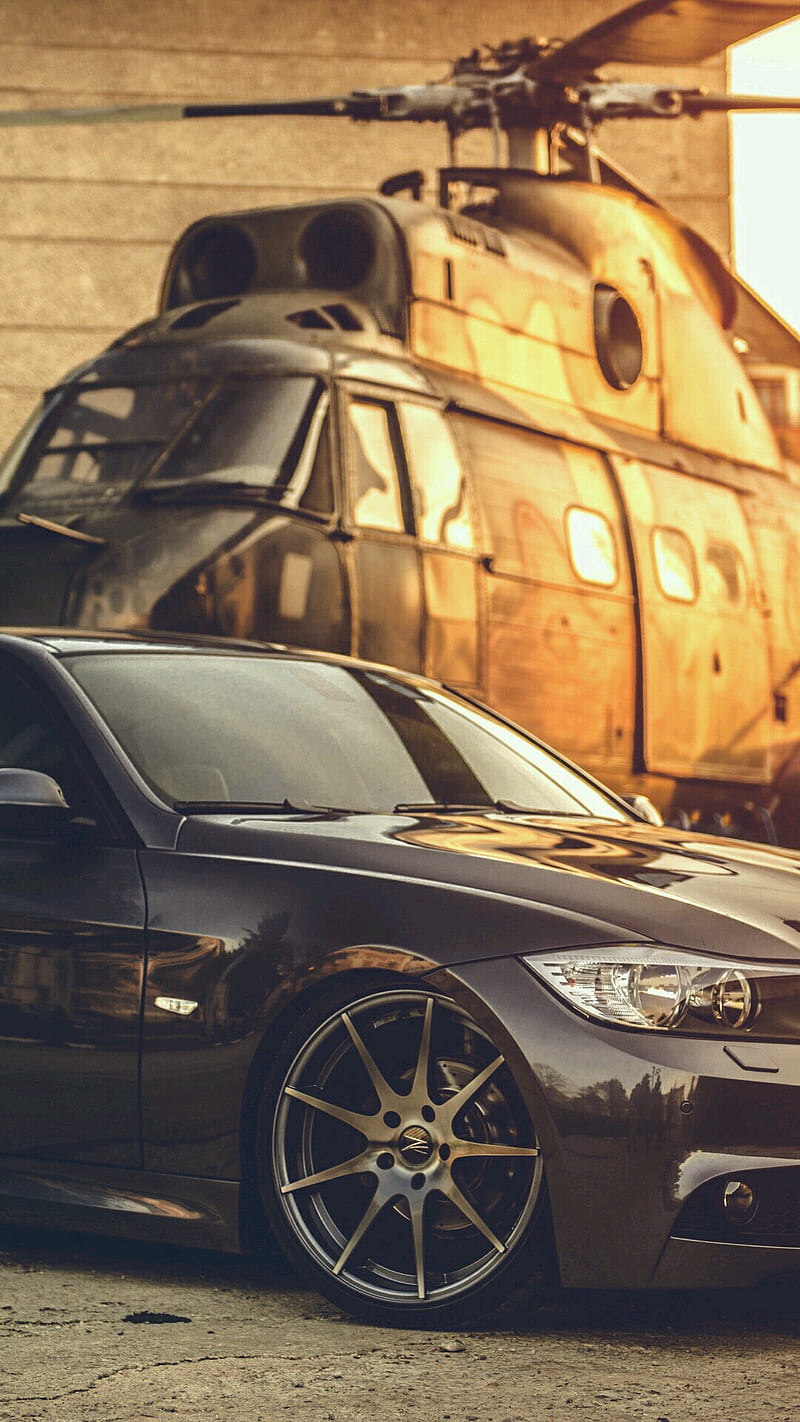 Car And Helicopter, black, carros, galaxy, HD phone wallpaper