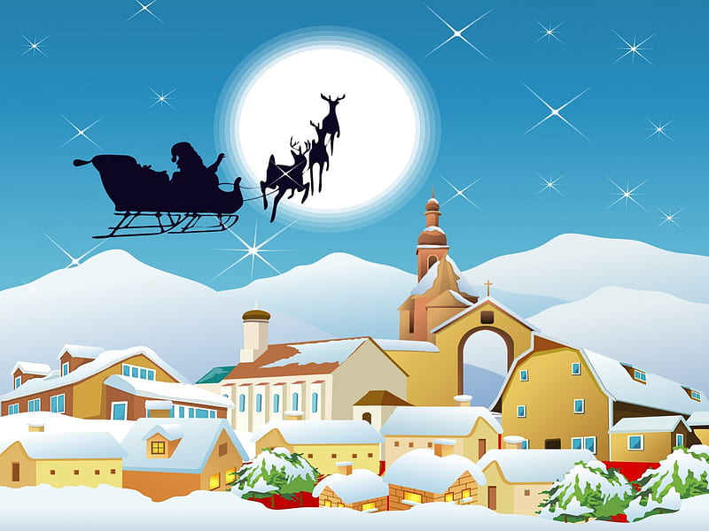 Merry Christmas!, red, house, christmas, yellow, sky, santa claus, winter, moon, city, snow, white, blue, night, HD wallpaper