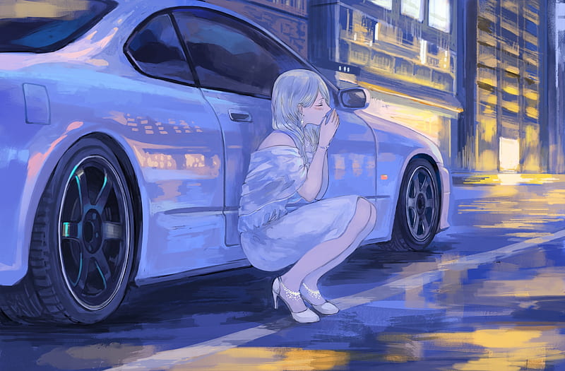 Anime girl, luxury cars, umbrella, street, people, urban, buildings,  scenic, HD wallpaper | Peakpx