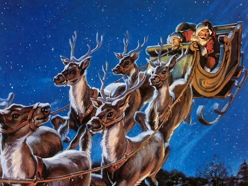 Santa Claus and sledge, reindeer, santa, fly, christmas, HD wallpaper