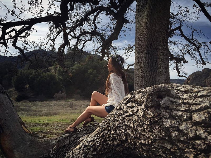 Jennifer Corrrales known as Jennifer Haze, brunette, sitting under tree, hills, rocks, denim shorts, flower chain around her head, trees, HD wallpaper
