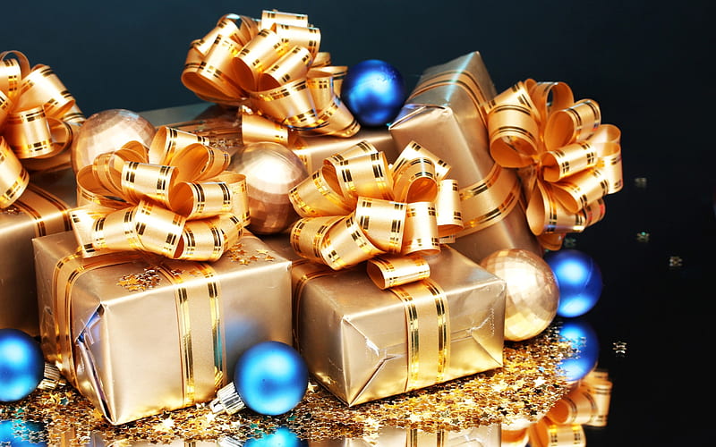 Christmas Gifts, ornaments, ribbons, parcels, decoration, HD wallpaper