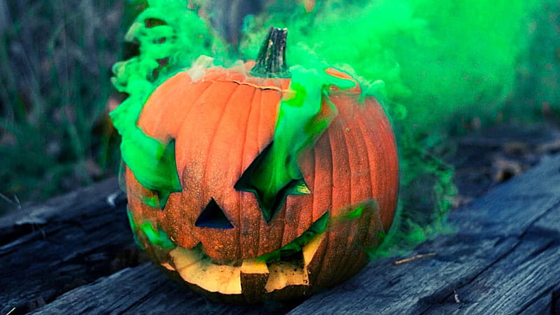 Pumpkin Green Smoke Wood Blur Background Halloween, HD wallpaper