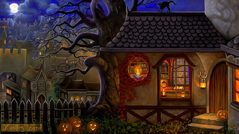 ★Halloween in the Village★, villages, lovely, halloween, colors, love four seasons, bonito, creative pre-made, digital art, candles, fantasy, paintings, black cat, cats, pumpkins, HD wallpaper