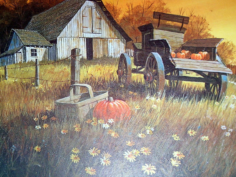 October Harvest, fall, oil painting, harvest, october, HD wallpaper