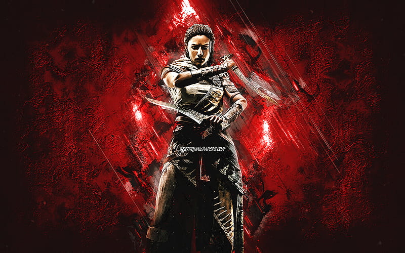 Aya, Assassins Creed, red stone background, Aya skin, Assassins Creed characters, HD wallpaper
