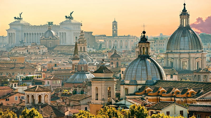 splendid roof line view of rome, statues, city, view, roofs, domes, HD wallpaper