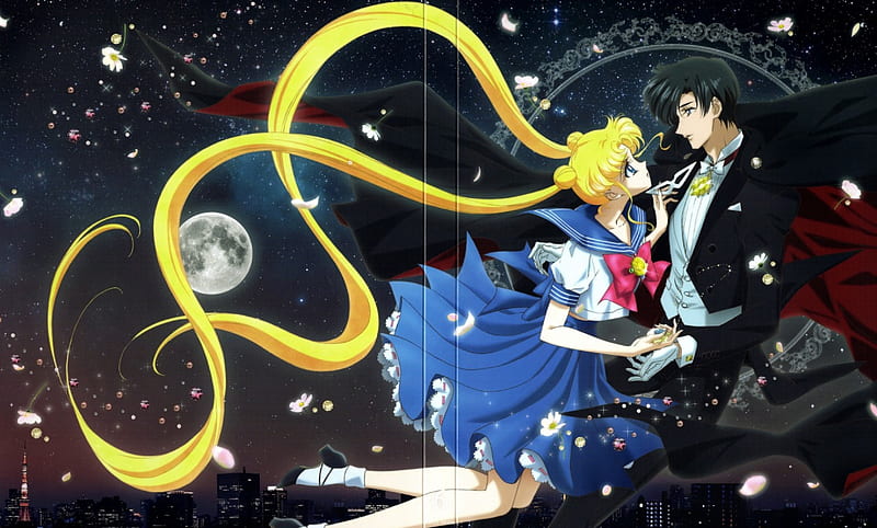 Sailor Moon and Tuxedo Mask, moon, anime, love, sailor moon, couple, blue, stars, tuxedo mask, moon, manga, black, blonde, man, girl, serenity, mamoru, toei animation, HD wallpaper