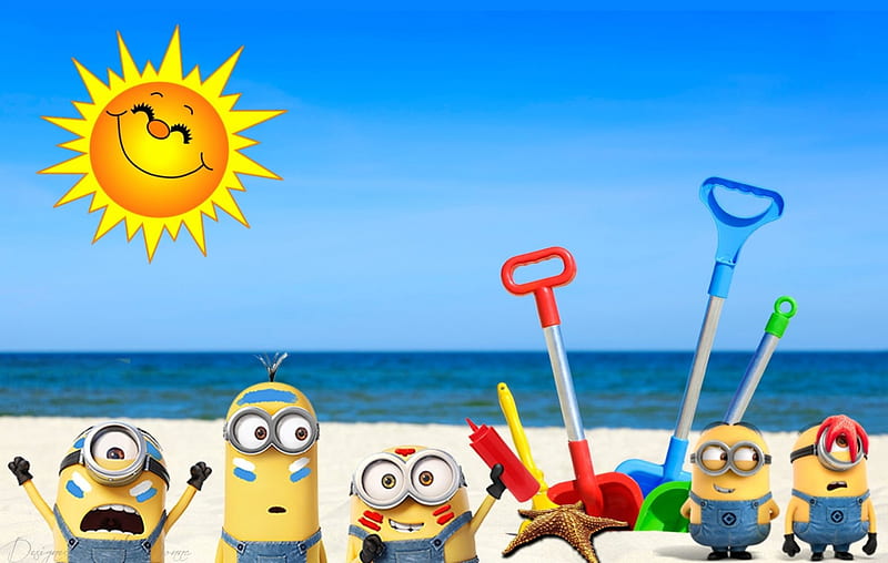 Summer Minions #2, Despicable Me, playful, shovels, happy, beach, minions, sand, summer, sunshine, HD wallpaper