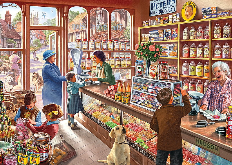 A special treat, shop, candy, art, luminos, children, caine, boy, people, painting, copil, pictura, dog, HD wallpaper