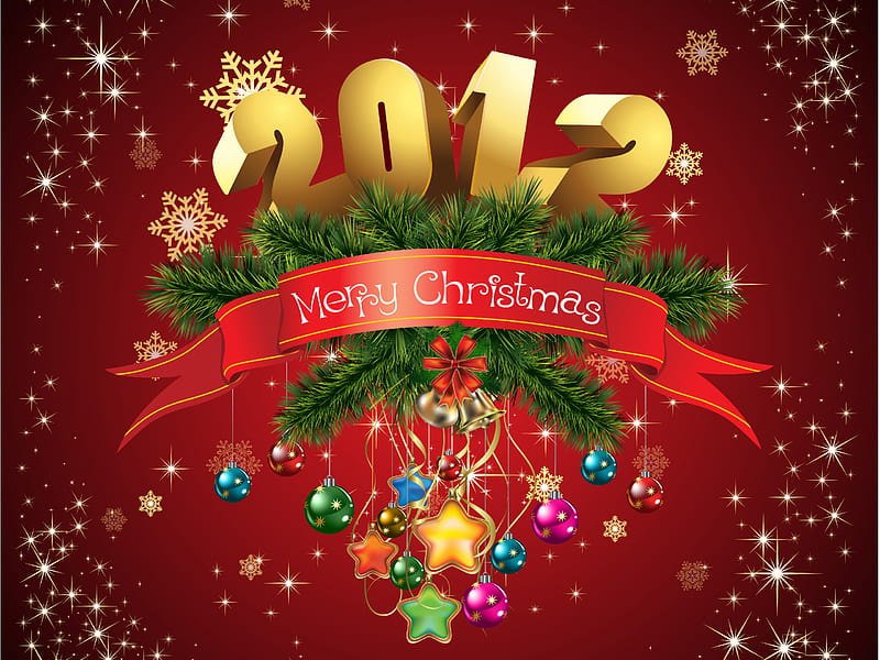 Merry Christmas, banner, red, pretty, colorful, christmas balls, 2012, bonito, magic, year, xmas, ball, merry, green, magic christmas, beauty, happy new, stars, lovely, holiday, christmas, ribbon, celebration, colors, new year, happy new year, abstract, boughs, balls, HD wallpaper
