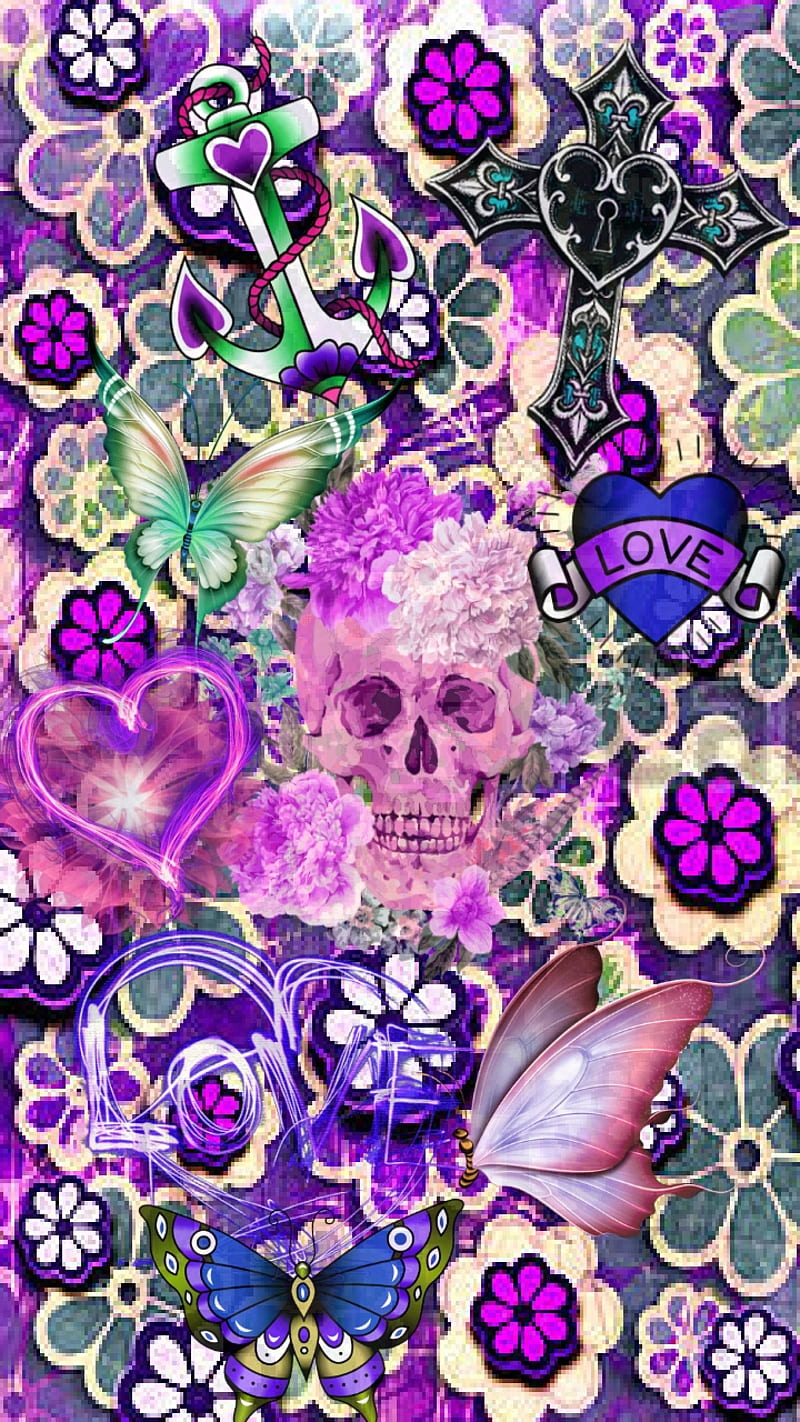 Passionate, anchor, butterflies, cross, flowers, heart, purple, skull, sugar, HD phone wallpaper