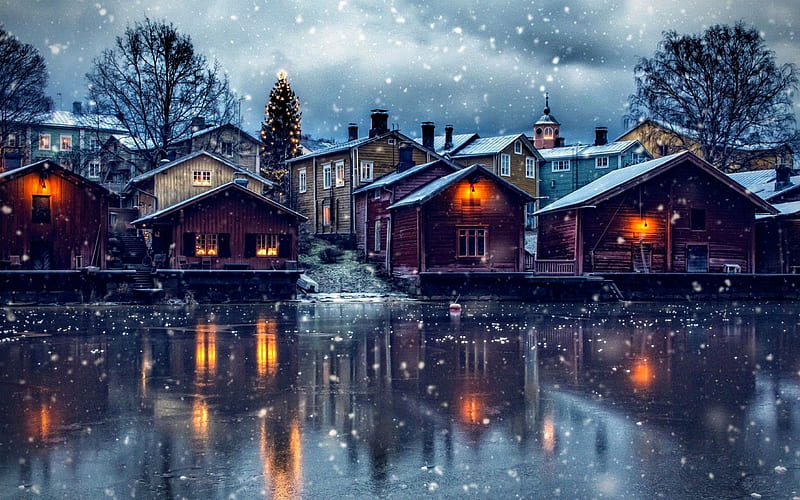 Porvoo winter, snowfall, finnish cities, nightscapes, Finland, Europe, HD wallpaper