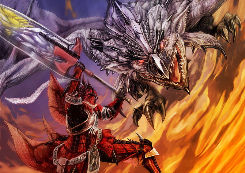 Hunter vrs Silver Rathalos, armor, rathalos, dragon, sword, hunter, monster hunter, HD wallpaper