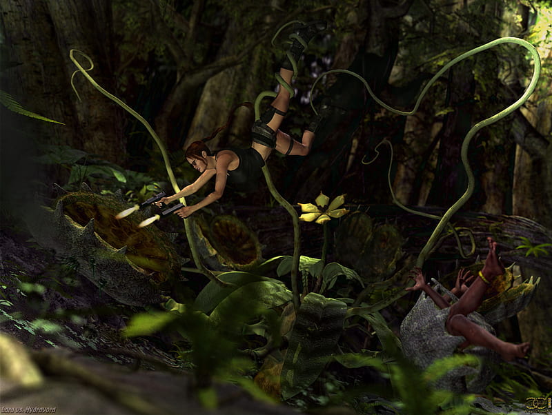 Lara vs. Hydravora, fanart, action, plant, game, tomb, croft, lara, fantasy, battle, jungle, fight, raider, carnivorous, HD wallpaper