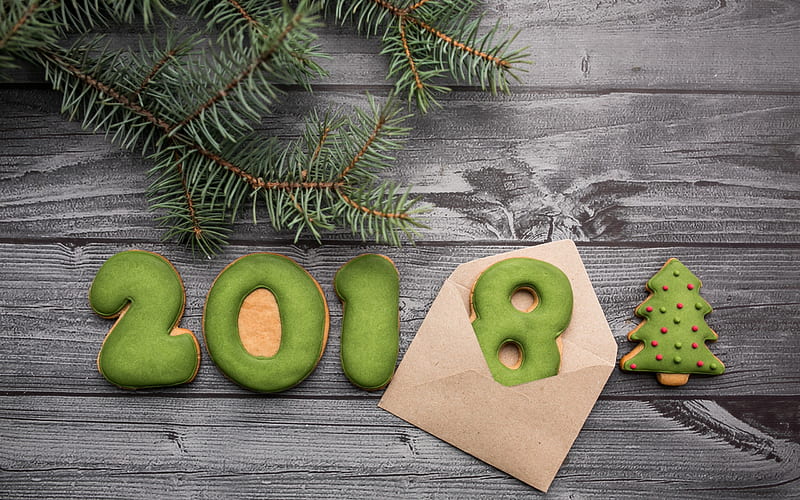 New Year, 2018 concepts, green biscuits, baked goods, Happy New Year, xmas, HD wallpaper