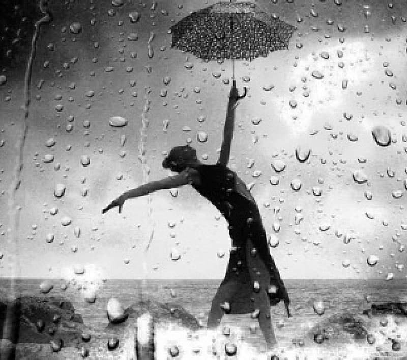 dance in rain, graphy, people, black, rain, white, HD wallpaper