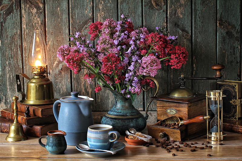 Still life with flowers, Books, Coffee, Milk, Bell, Cup, Flowers, Lamp, HD wallpaper