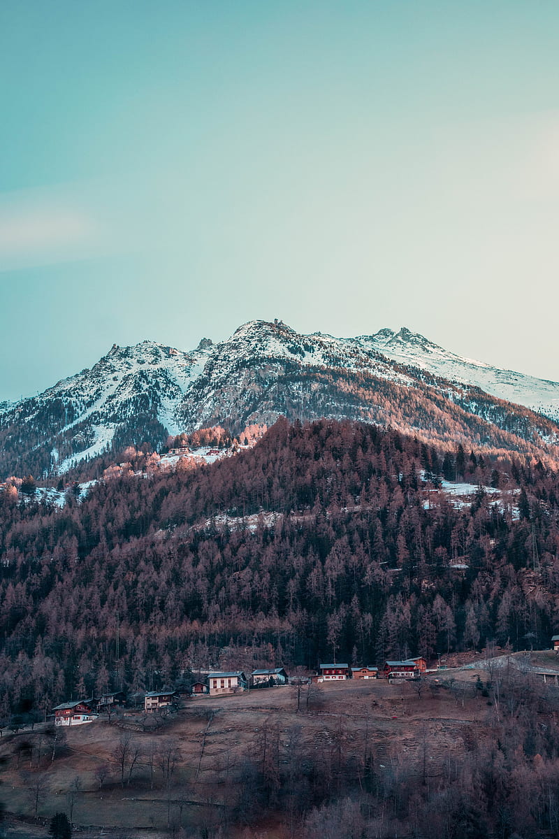 mountain, peak, snowy, village, sky, HD phone wallpaper