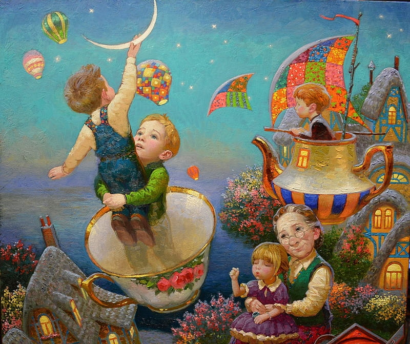 Childhood's dreams, victor nizovtsev, grandmother, children, dreams, teapot, moon, fantasy, cup, painting, childhood, pictura, HD wallpaper