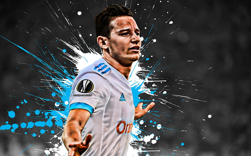 Florian Thauvin French football player, Olympic Marseille, attacking midfielder, white blue paint splashes, creative art, Ligue 1, France, football, grunge, Olympique de Marseille, HD wallpaper