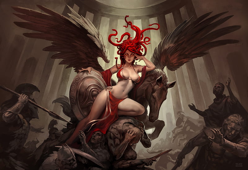 The Red Gorgon, fantasy, pegasus, wings, girl, game, horse, scebiqu, HD wallpaper