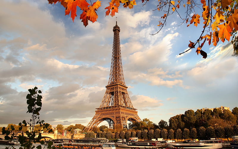 Paris, Eiffel Tower, sunset, evening, ships, autumn, France, HD wallpaper