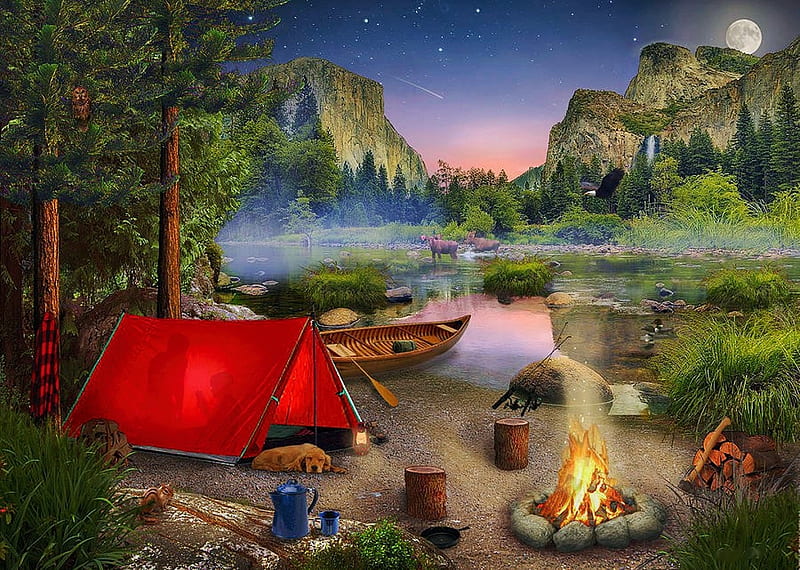 Wilderness Trip, boat, mountains, painting, tent, campfire, river, artwork, dog, HD wallpaper