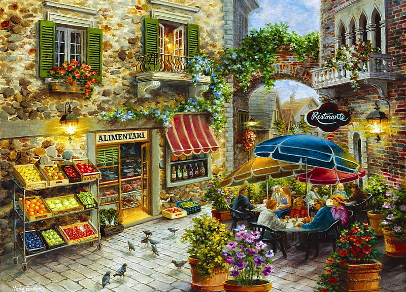 Peaceful afternoon, art, restaurant, people, painting, summer, nicky boehme, pictura, street, HD wallpaper