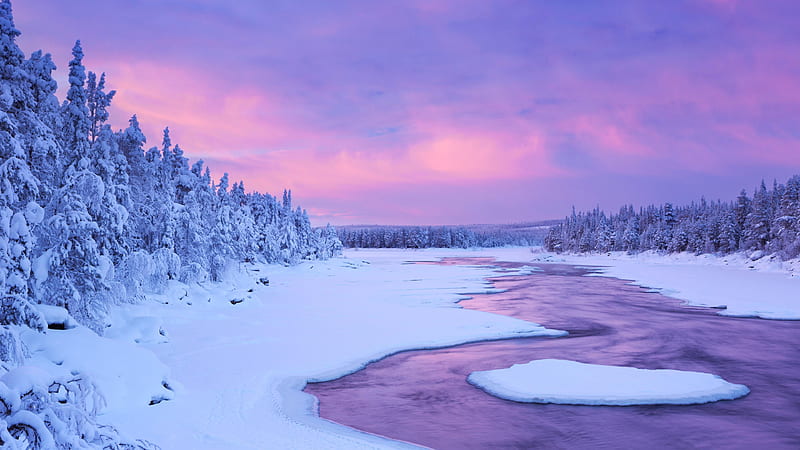 Lapland Winter River,Finland, lapland, nature, river, trees, wnow, sky, winter, HD wallpaper