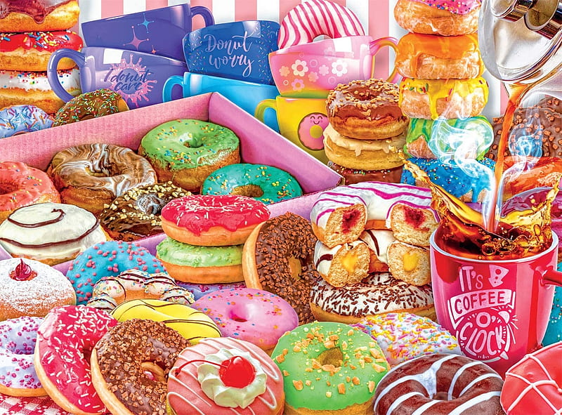 Donut Worry, Be Happy :), donut, green, food, stuff, pink, sweet, blue, dessert, chocolate, HD wallpaper