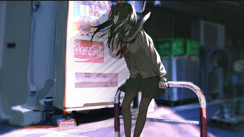 anime school girl, automat, brown hair, wind, school uniform, Anime, HD wallpaper