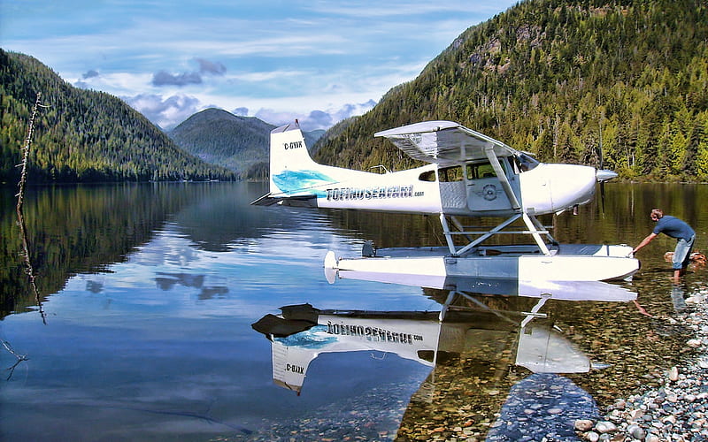 Seaplane, Canada, mountains, island, lake, HD wallpaper