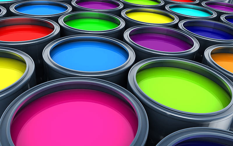 paint cans, multicolored paint, 3D art, paint, creative, cans, HD wallpaper