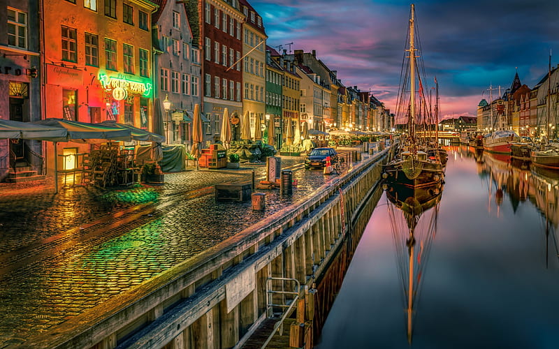 Copenhagen, canal, night, embankment, yachts, Denmark, HD wallpaper