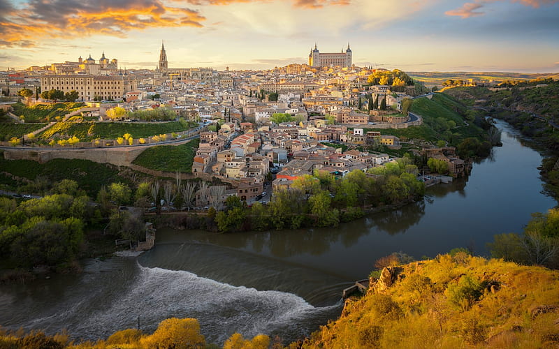 Toledo, Alcazar of Toledo, Tagus River, evening, summer, beautiful city, sunset, city landscape, Spain, HD wallpaper