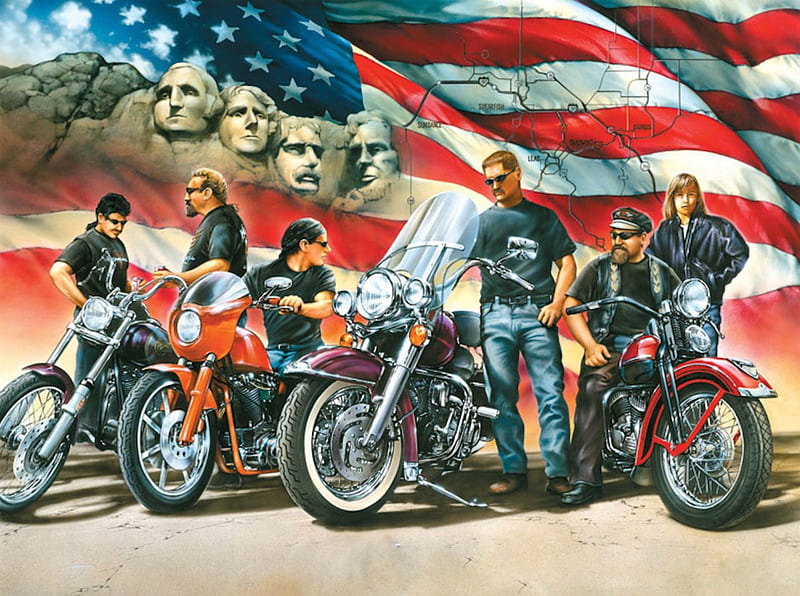 On The Road, motorbikes, motorcycles, america, rushmore, map, flag, wheels, HD wallpaper