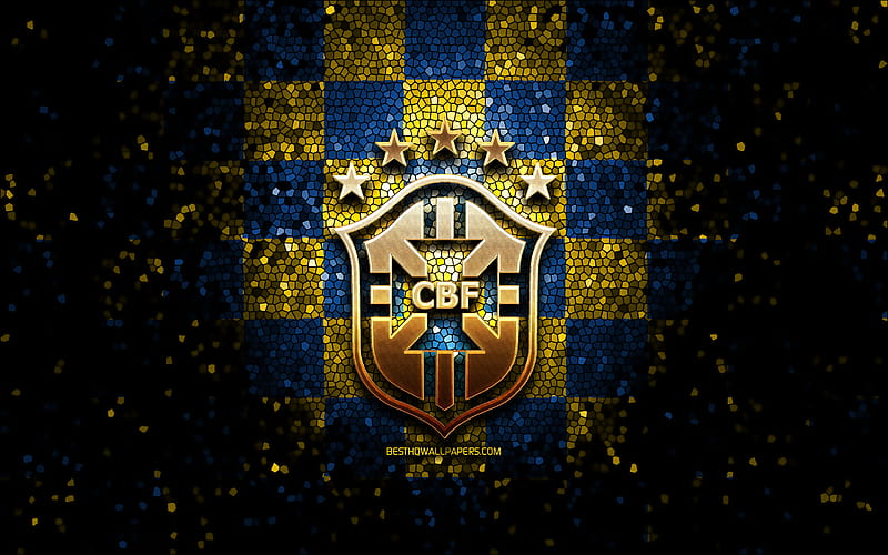 Brazilian football team, glitter logo, Conmebol, South America, blue yellow  checkered background, HD wallpaper | Peakpx