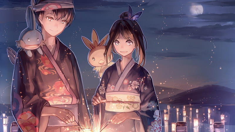 Cute Couple, romance, japanese, pokemon, kimono, japan, anime, love, matsuri, couple, night, HD wallpaper