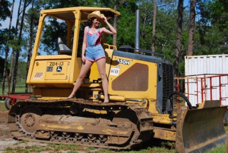 Steel Horse, dozer, tractor, cowgirl, boots, hat, HD wallpaper