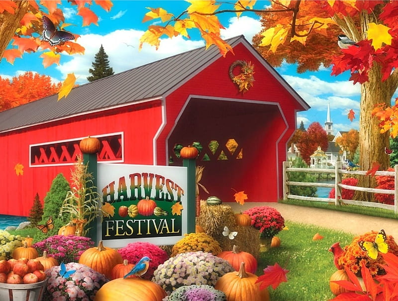 Harvest Festival, fall season, autumn, harvest, bridges, colors, love four seasons, farms, attractions in dreams, leaves, flowers, butterfly designs, pumpkins, HD wallpaper