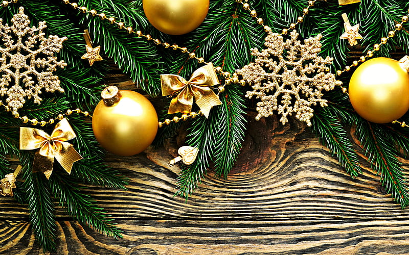 Xmas decoration, golden balls, wooden background, Christmas, golden decorations, Merry Christmas, Happy New year, HD wallpaper