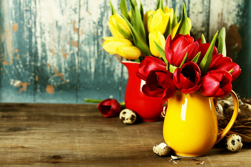 Man Made, Flower, Red Flower, Tulip, Vase, Yellow Flower, HD wallpaper