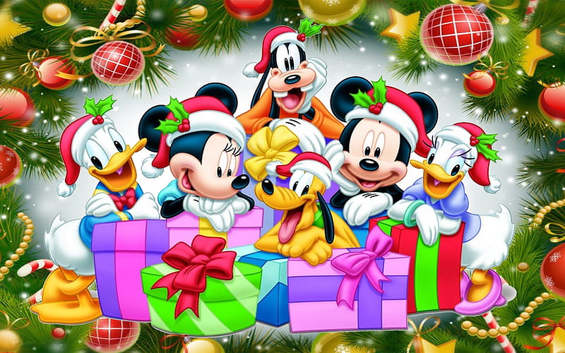 Merry Christmas!, red, colorful, craciun, christmas, goofy, donald duck, gift, mickey mouse, card, green, pluto, minnie, pink, disney, daisy, HD wallpaper