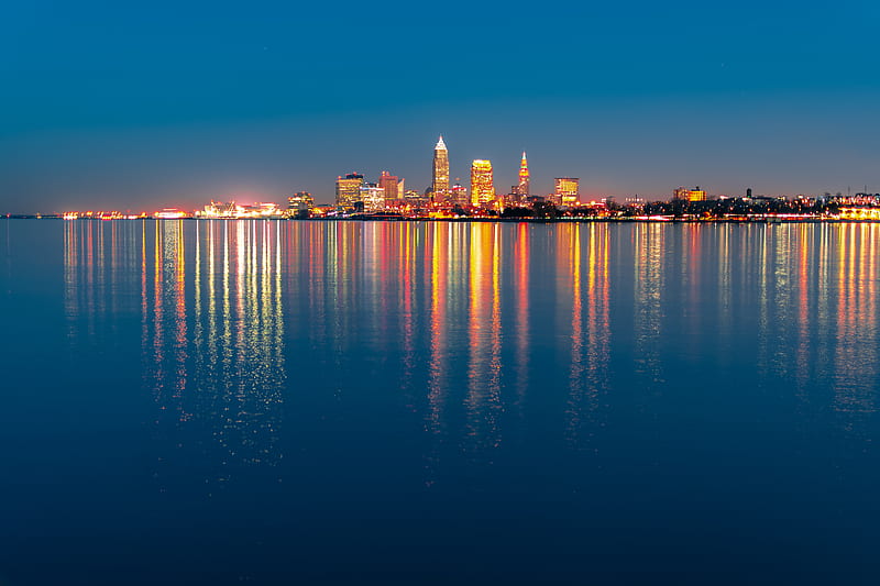 night city, city lights, panorama, beach, cleveland, ohio, HD wallpaper