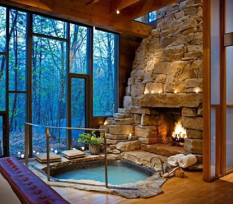 Fireplace in jacuzziroom, fireplace, architecture, jacuzzi, house, HD wallpaper