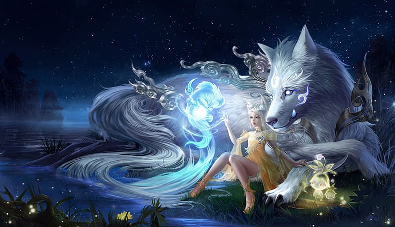 Magic, Water, Fantasy, Night, Wolf, Spirit, Sorceress, White Hair, Animal Ears, HD wallpaper