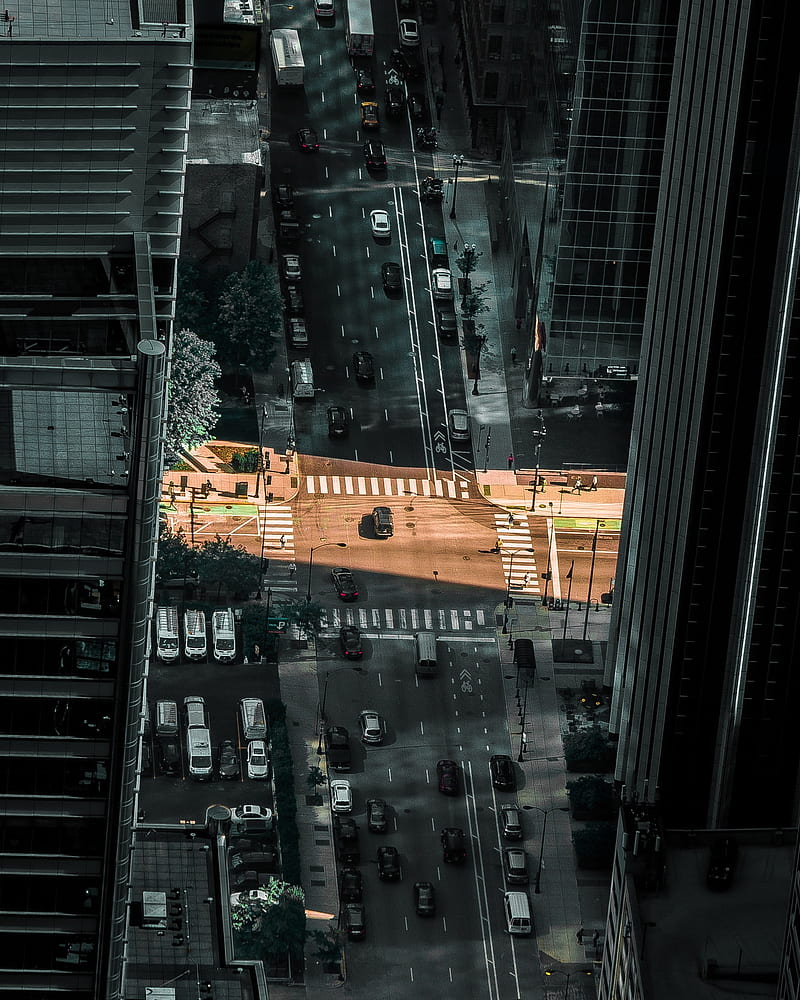 city, aerial view, street, buildings, movement, light, gray, HD phone wallpaper