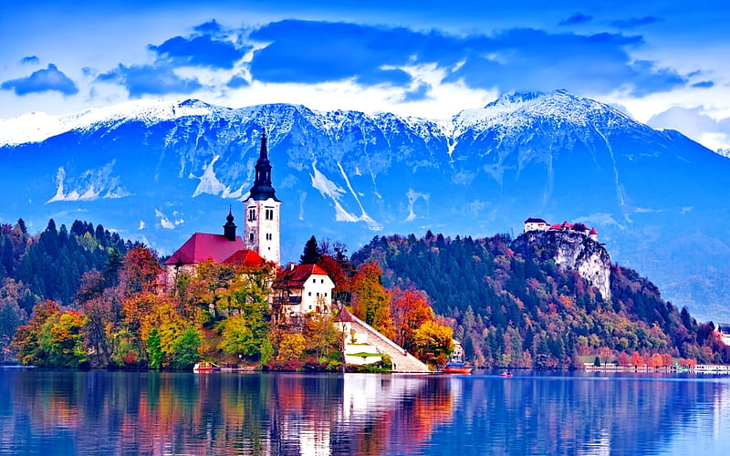 Bled, Slovenia, fall, colorful, autumn, trravel, bonito, Slovenia, mountain, reflection, blue, Bled, tourism, church, sky, trees, lake, tranquil, Europe, serenity, island, HD wallpaper